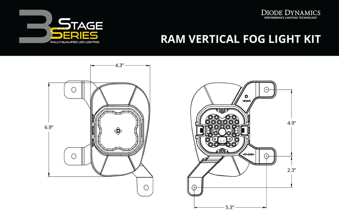 Diode Dynamics - SS3 Ram Vertical LED Fog Light Kit Pro White SAE Fog