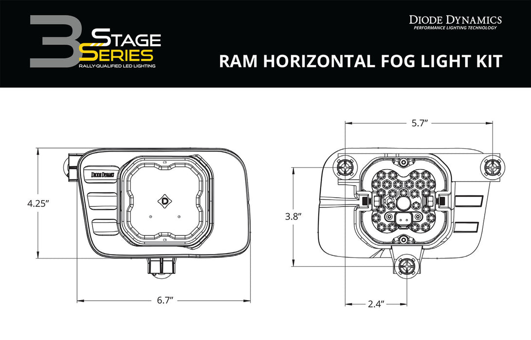 Diode Dynamics - SS3 Ram Horizontal LED Fog Light Kit Pro Yellow SAE Fog