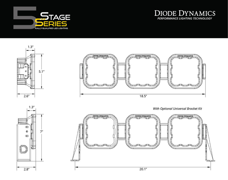 Diode Dynamics - SS5 Sport Universal CrossLink 3-Pod Lightbar White Combo