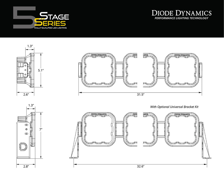 Diode Dynamics - SS5 Sport Universal CrossLink 5-Pod Lightbar Yellow Combo