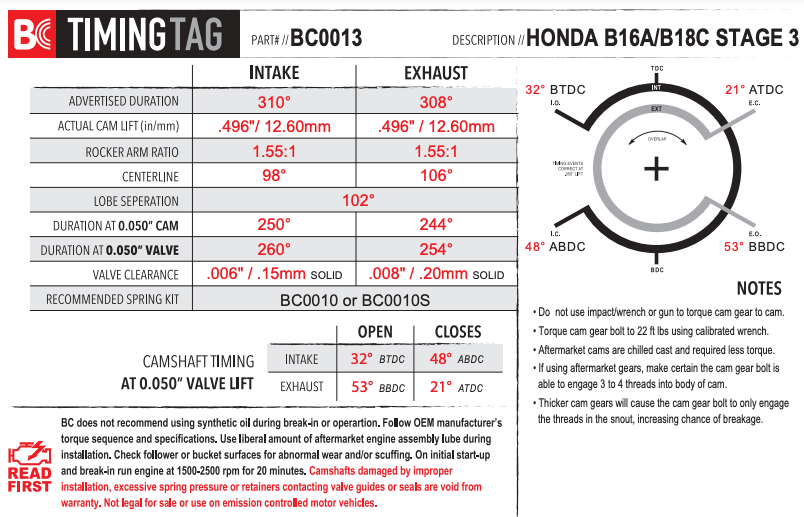 Brian Crower Cams Stage 3 NA B16 B16A2 B16A Civic B18 B18C B18C1 Integra BC0013