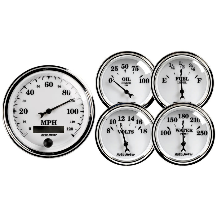 5 PC. GAUGE KIT 3-3/8 In. & 2-1/16 In.  ELEC. SPEEDOMETER OLD TYME WHITE II