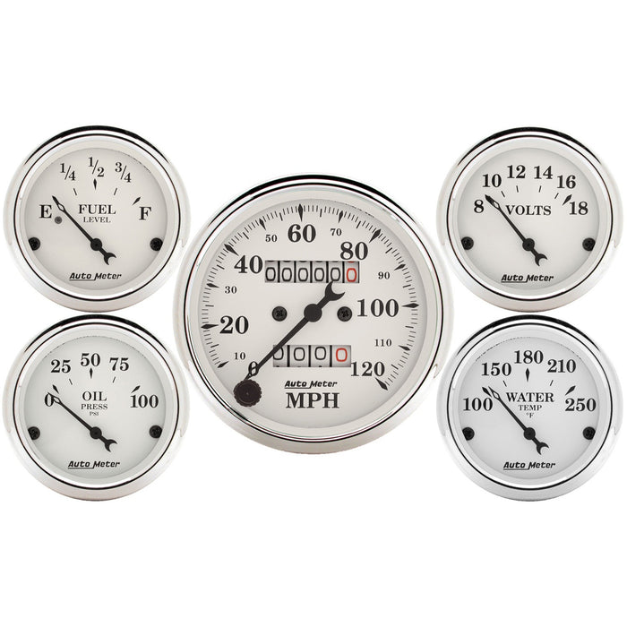 5 PC. GAUGE KIT 3-1/8 In. & 2-1/16 In.  MECH. SPEEDOMETER OLD TYME WHITE