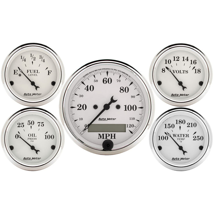 5 PC. GAUGE KIT 3-1/8 In. & 2-1/16 In.  ELEC. SPEEDOMETER OLD TYME WHITE