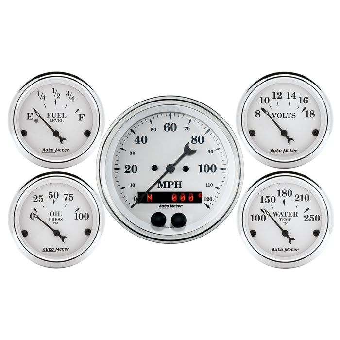 5 PC. GAUGE KIT 3-3/8 In. & 2-1/16 In.  GPS SPEEDOMETER OLD TYME WHITE