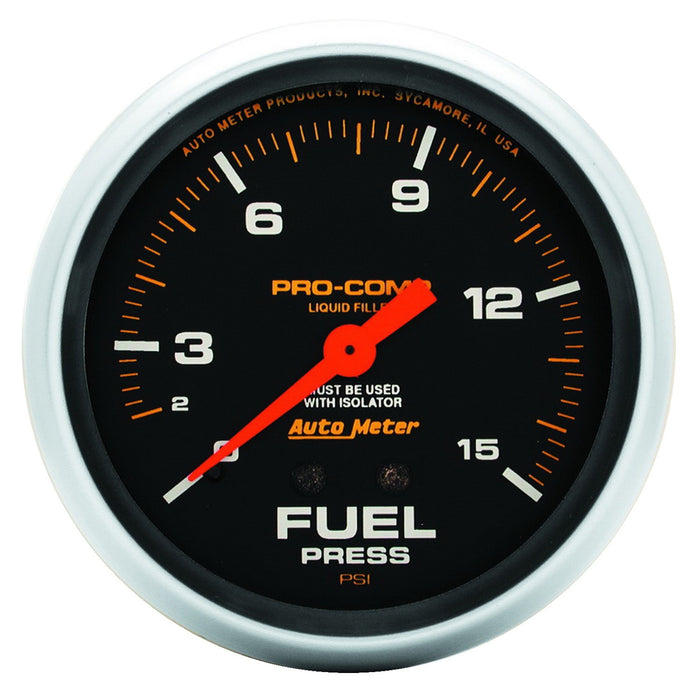 2-5/8 In. FUEL PRESSURE W/ ISOLATOR 0-15 PSI LIQUID FILLED PRO-COMP