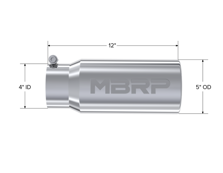MBRP Exhaust Tip; 5in. O.D. Rolled Straight 4in. Inlet 12in. Length; T304