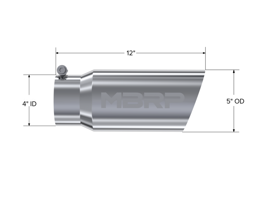 MBRP Exhaust Tip; 5in. O.D. Angled Single Walled 4in. Inlet 12in. Length; T304