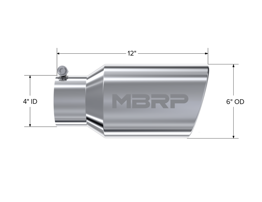 MBRP Exhaust Tip; 6in. O.D. Angled Rolled End 4in. Inlet 12in. Length; T304