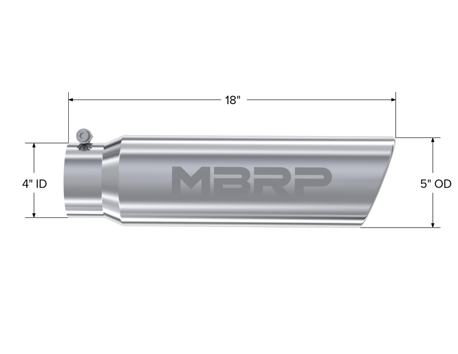 MBRP Exhaust Tip; 5in. O.D.; Angled Rolled End; 4in. Inlet 18in. In Length; T304