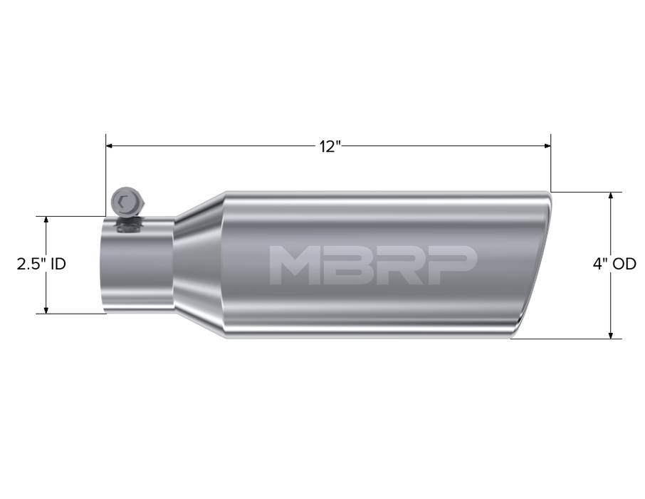 MBRP Exhaust 4in. OD; 2.5in. Inlet; 12in. In Length; Angled Cut Rolled End; Clampless-no Weld T304