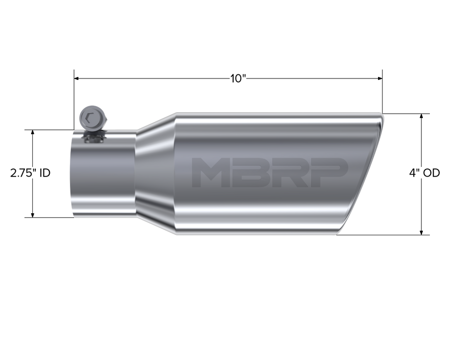 MBRP Exhaust Tip; 4in. O.D. Angled Rolled End 2 3/4in. Inlet 10in. Length; T304