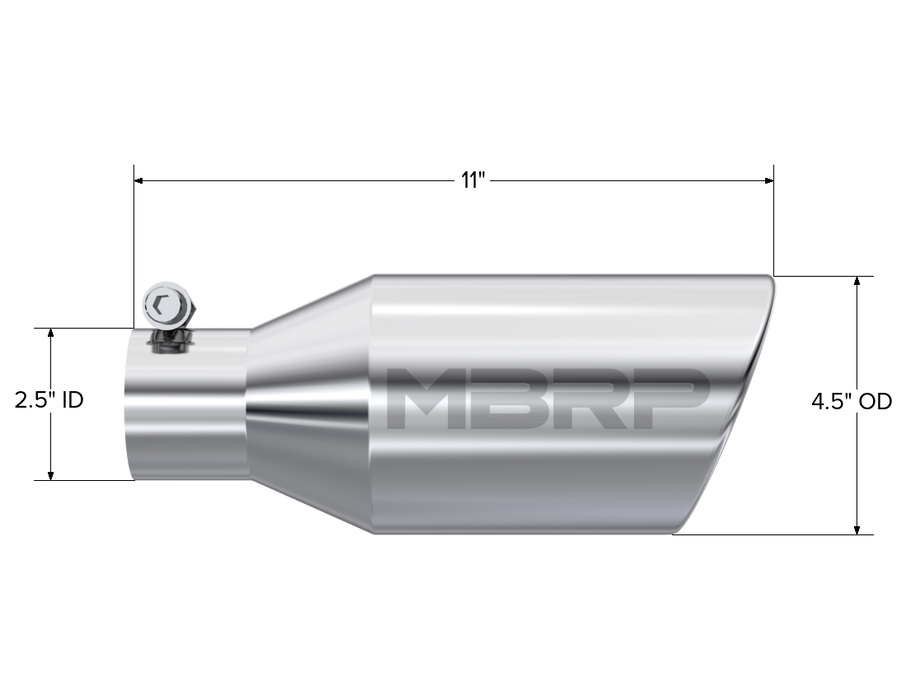 MBRP Exhaust Tip; 4 1/2in. O.D.; SW Angle Rolled End; 2 1/2in. Inlet 11in. In Length; T304