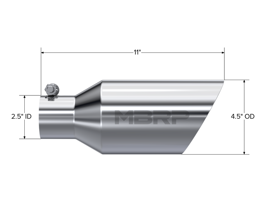MBRP Exhaust Tip; 4 1/2in. O.D.; DW Angle Rolled End; 2 1/2in. Inlet 11in. In Length; T304